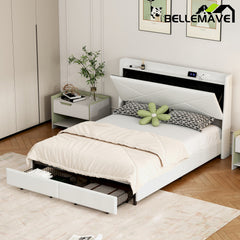 Bellemave® Queen Size Upholstered Platform Bed with Storage Headboard, LED, USB Charging and 2 Drawers