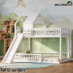 Bellemave® Full XL Over Queen House Bunk Bed with Slide, Solid Wood Kids Bunk Bed with Built-In Ladder