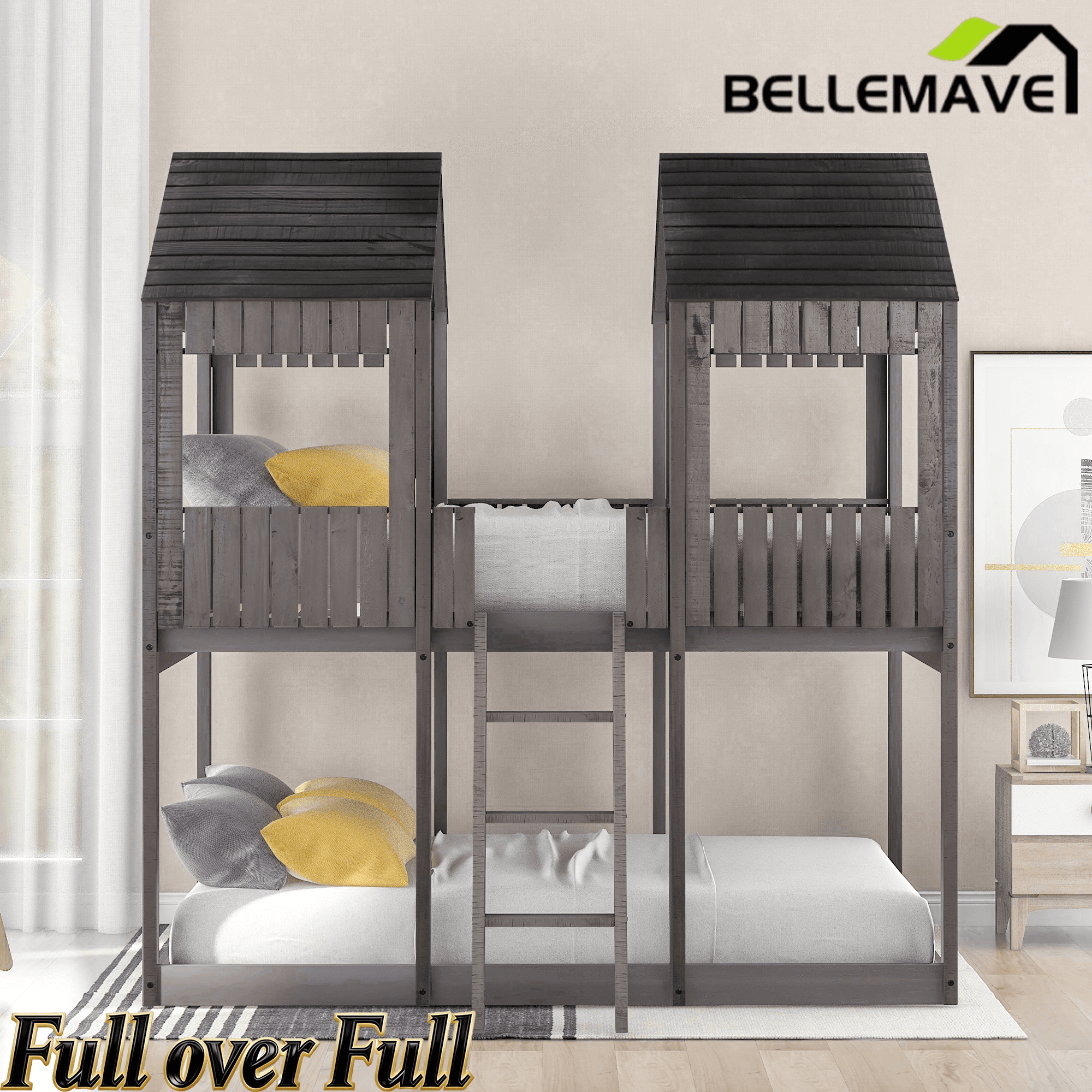 Bellemave® House Bunk Bed with Roof & Window, Full Over Full Floor Bunk Bed with Ladder & Guardrails for Kids, No Box Spring Needed Bellemave®