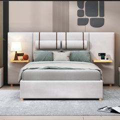 Bellemave® Upholstered Platform Bed with Two Outlets and USB Charging Ports on Both Sides, Two Bedside Pillows