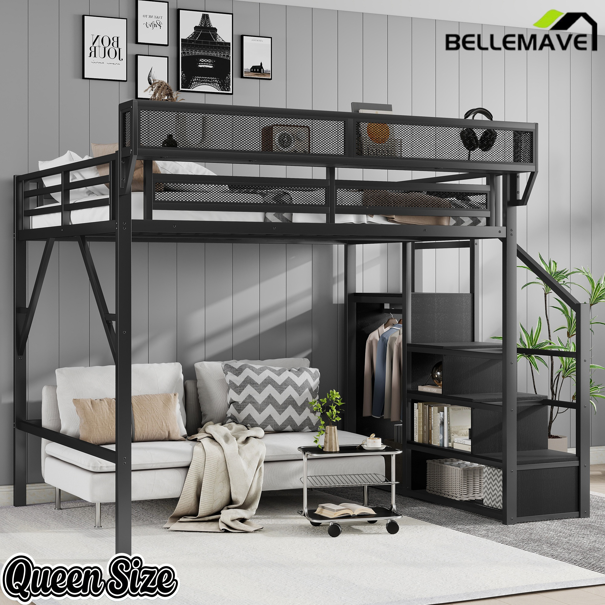 Bellemave® Queen Size Loft Bed with Stairs and Storage, Metal Loft Bed Frame with Bedside Shelf & Large Under-Bed Space, Heavy-Duty Beds for Adults Teens and Kids, Black Bellemave®