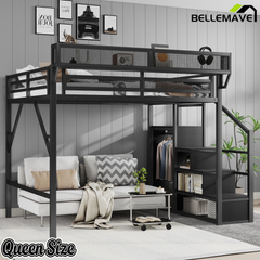 Bellemave® Queen Size Loft Bed with Stairs and Storage, Metal Loft Bed Frame with Bedside Shelf & Large Under-Bed Space, Heavy-Duty Beds for Adults Teens and Kids, Black Bellemave®