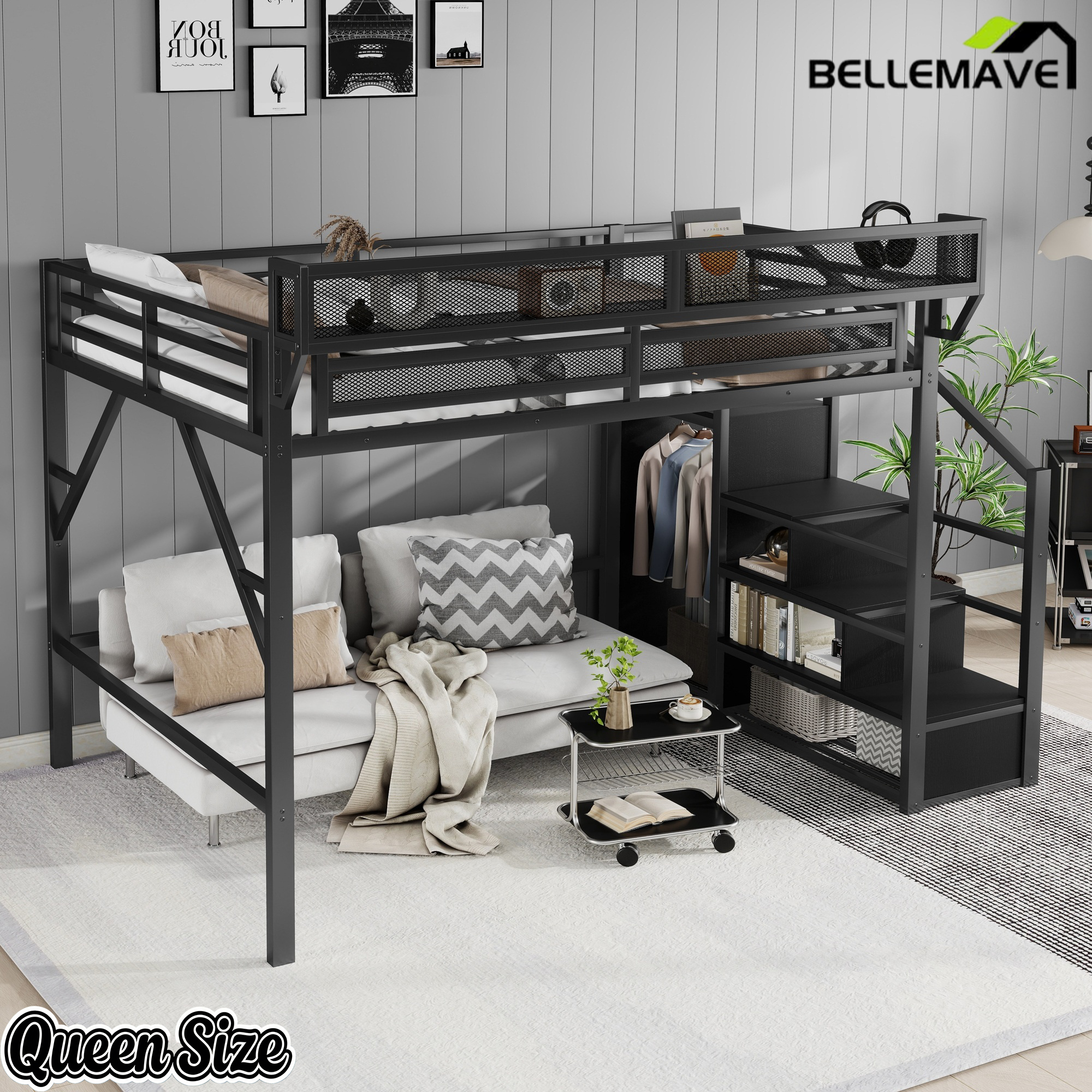 Bellemave® Queen Size Loft Bed with Stairs and Storage, Metal Loft Bed Frame with Bedside Shelf & Large Under-Bed Space, Heavy-Duty Beds for Adults Teens and Kids, Black Bellemave®