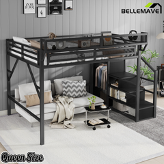 Bellemave® Queen Size Loft Bed with Stairs and Storage, Metal Loft Bed Frame with Bedside Shelf & Large Under-Bed Space, Heavy-Duty Beds for Adults Teens and Kids, Black Bellemave®