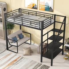 Bellemave® Twin Size Metal Loft Bed with Bench and Storage Staircase