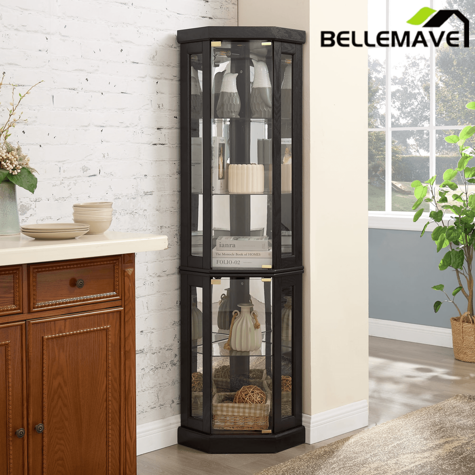 Bellemave® Corner Curio Cabinet with Tempered Glass Doors and Adjustable Shelves, Wine Bar China Cabinet for Living Room Liquor Storage Bellemave®