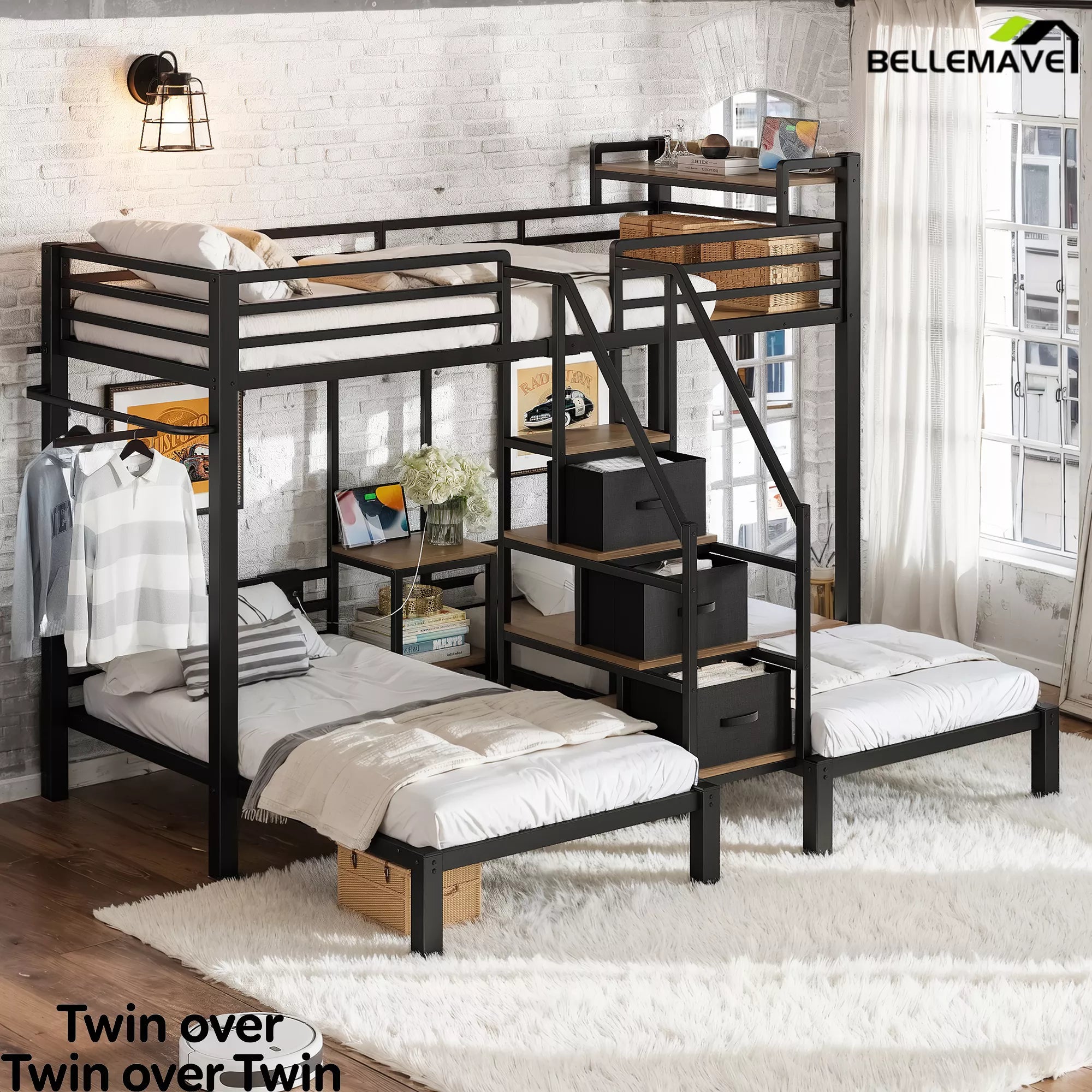 black metal triple bunk bed with storage stairs