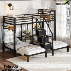 black metal triple bunk bed with storage stairs