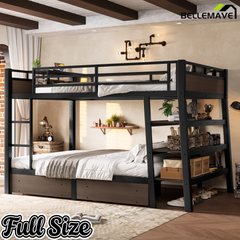 Bellemave® Full Size Bunk Bed with Storage Drawers & 3-Tier Shelves, Heavy Duty Metal Bunk Beds with Charging Station & Light, Black