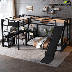 Bellemave® L-Shaped Triple Bunk Bed with Slide - Full over Queen & Twin XL Loft, Built-in Desk, Shelves | Space-Saving Metal Frame, Quiet Study Design, Black
