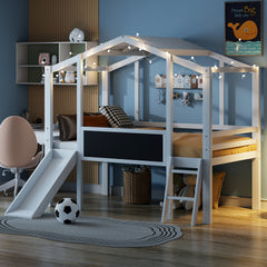 Bellemave® Twin Size House Loft Bed with Ladder and Slide,Blackboard and Light Strip on the Roof