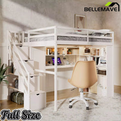 Bellemave® Full Size Loft Bed Built-in Wardrobe, Study Desk, Storage Shelves & LED Lights, Wood Loft Bed Frame for Bedroom Bellemave®