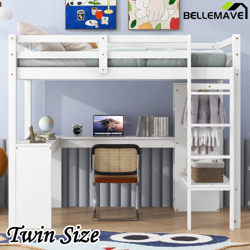 Bellemave® Loft Bed with L-shaped Desk, Wardrobe and Storage Shelves