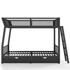 Front view of a black metal bunk bed with mesh upper guardrails and a slatted lower bed