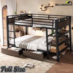 Bellemave® Full Size Bunk Bed with Storage Drawers & 3-Tier Shelves, Heavy Duty Metal Bunk Beds with Charging Station & Light, Black