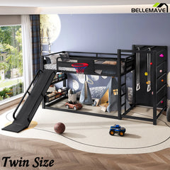 Bellemave® Kids Metal Twin/Full Bunk Bed with Slide, Basketball Hoop and Climbing Wall, Space-Saving Play Loft Bed Frame, Black Bellemave®
