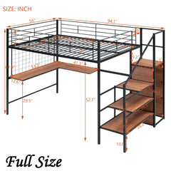 Bellemave® Metal Loft Bed with Desk and Metal Grid, Lateral Storage Ladder and Wardrobe