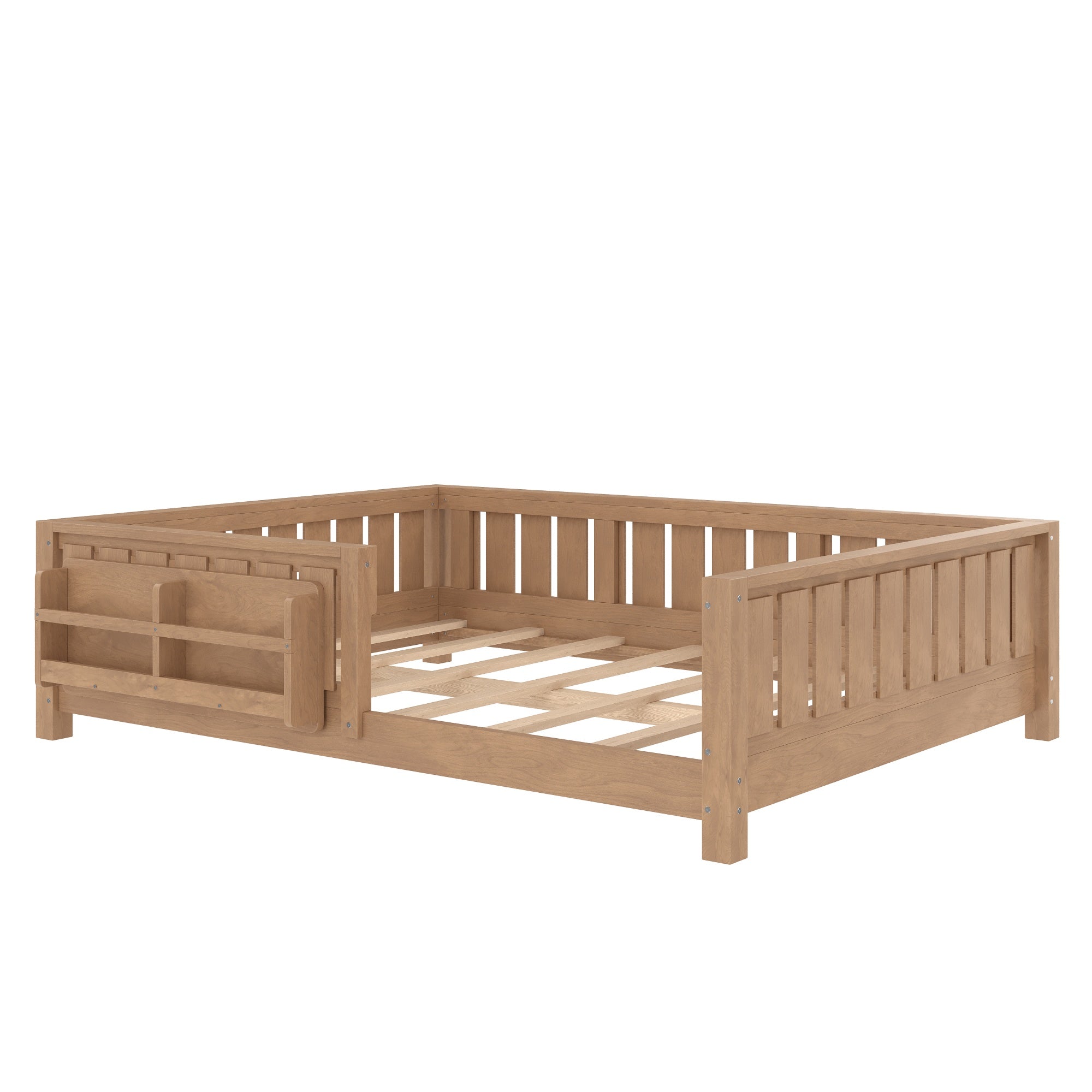 Bellemave® Full Size Floor Bed with Slats and Safety Guardrail, Full Size Montessori Floor Bed with Fence and Built-in Bookshelf,Beige Bellemave®