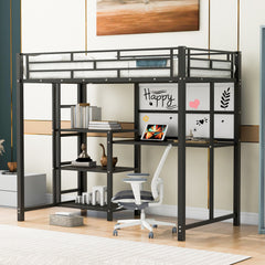 Bellemave® Metal Loft Bed with Desk and Whiteboard, 3 Shelves and Ladder