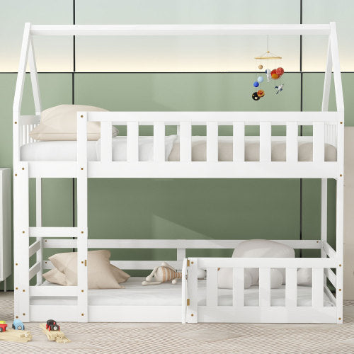 Bellemave Twin Size House Bunk Bed with Fence and Door