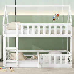 Bellemave Twin Size House Bunk Bed with Fence and Door Bellemave