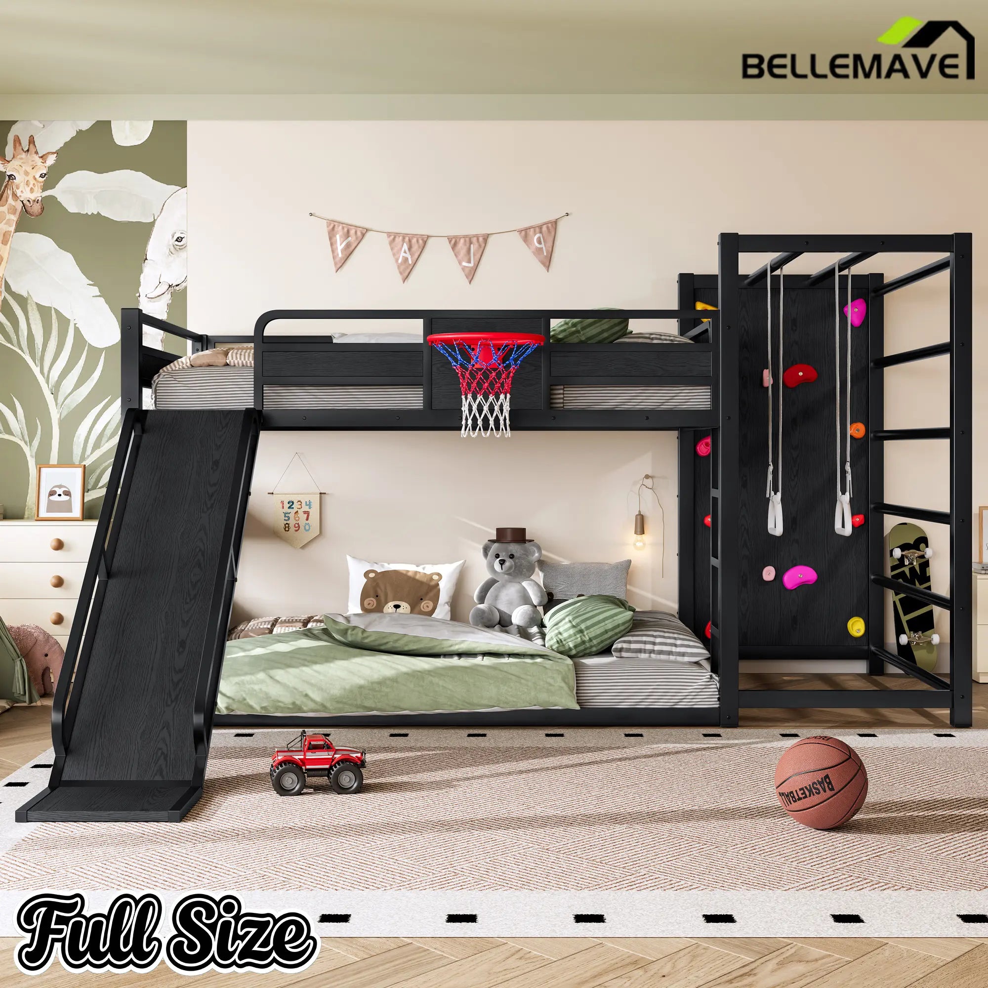 Bellemave® Kids Metal Twin/Full Bunk Bed with Slide, Basketball Hoop and Climbing Wall, Space-Saving Play Loft Bed Frame, Black Bellemave®