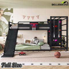 Bellemave® Kids Metal Twin/Full Bunk Bed with Slide, Basketball Hoop and Climbing Wall, Space-Saving Play Loft Bed Frame, Black Bellemave®