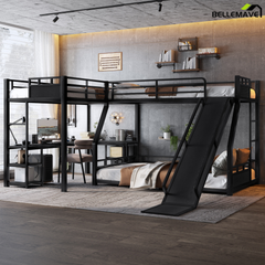 Bellemave® L-Shaped Triple Bunk Bed with Slide - Full over Queen & Twin XL Loft, Built-in Desk, Shelves | Space-Saving Metal Frame, Quiet Study Design, Black