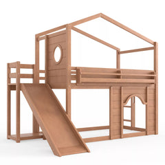 Bellemave® House Loft Bed with Slide, Bookshelves & Built-in Wardrobe | Natural Wood Playhouse Bunk Bed for Kids Bellemave®