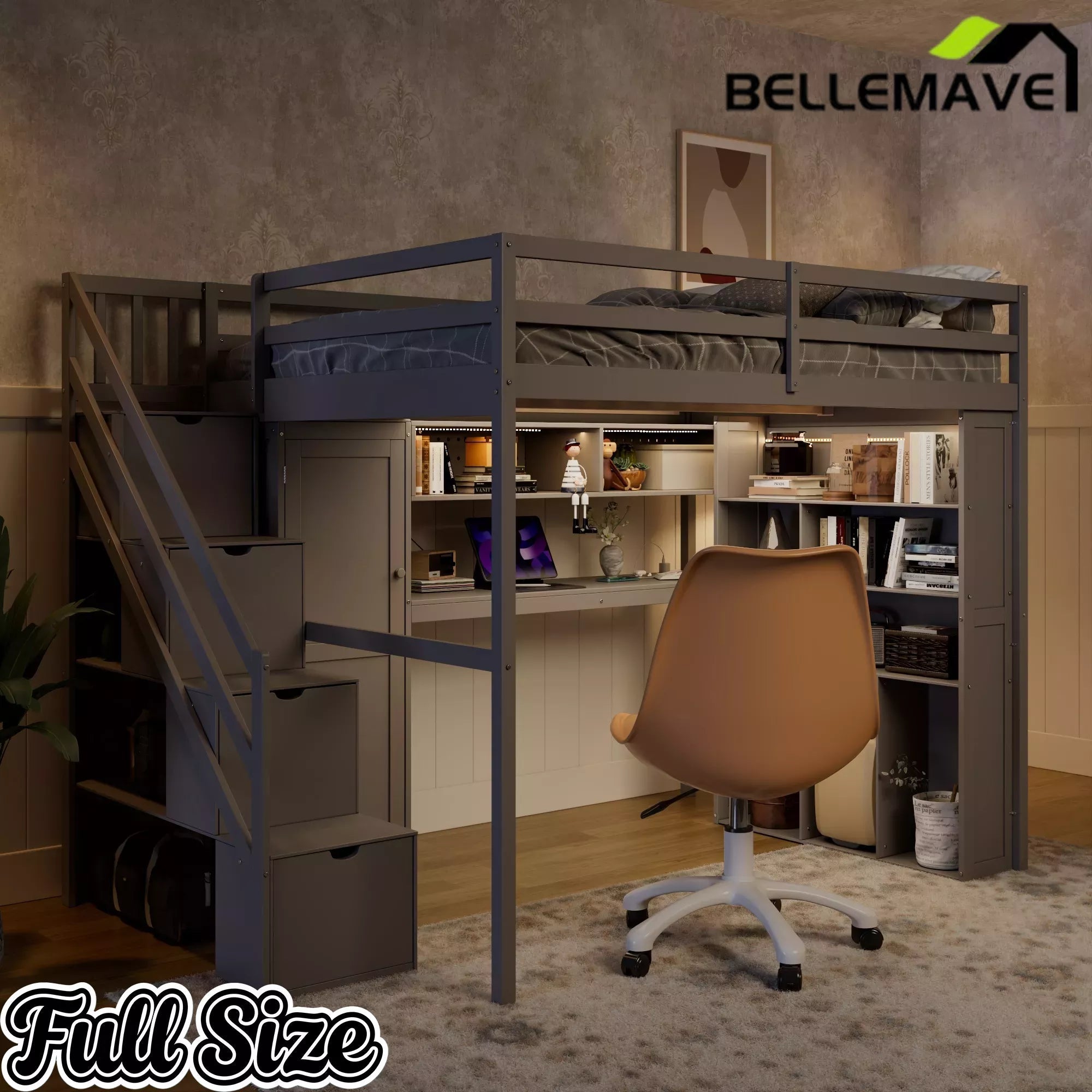 Bellemave® Full Size Loft Bed Built-in Wardrobe, Study Desk, Storage Shelves & LED Lights, Wood Loft Bed Frame for Bedroom Bellemave®
