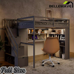 Bellemave® Full Size Loft Bed Built-in Wardrobe, Study Desk, Storage Shelves & LED Lights, Wood Loft Bed Frame for Bedroom Bellemave®