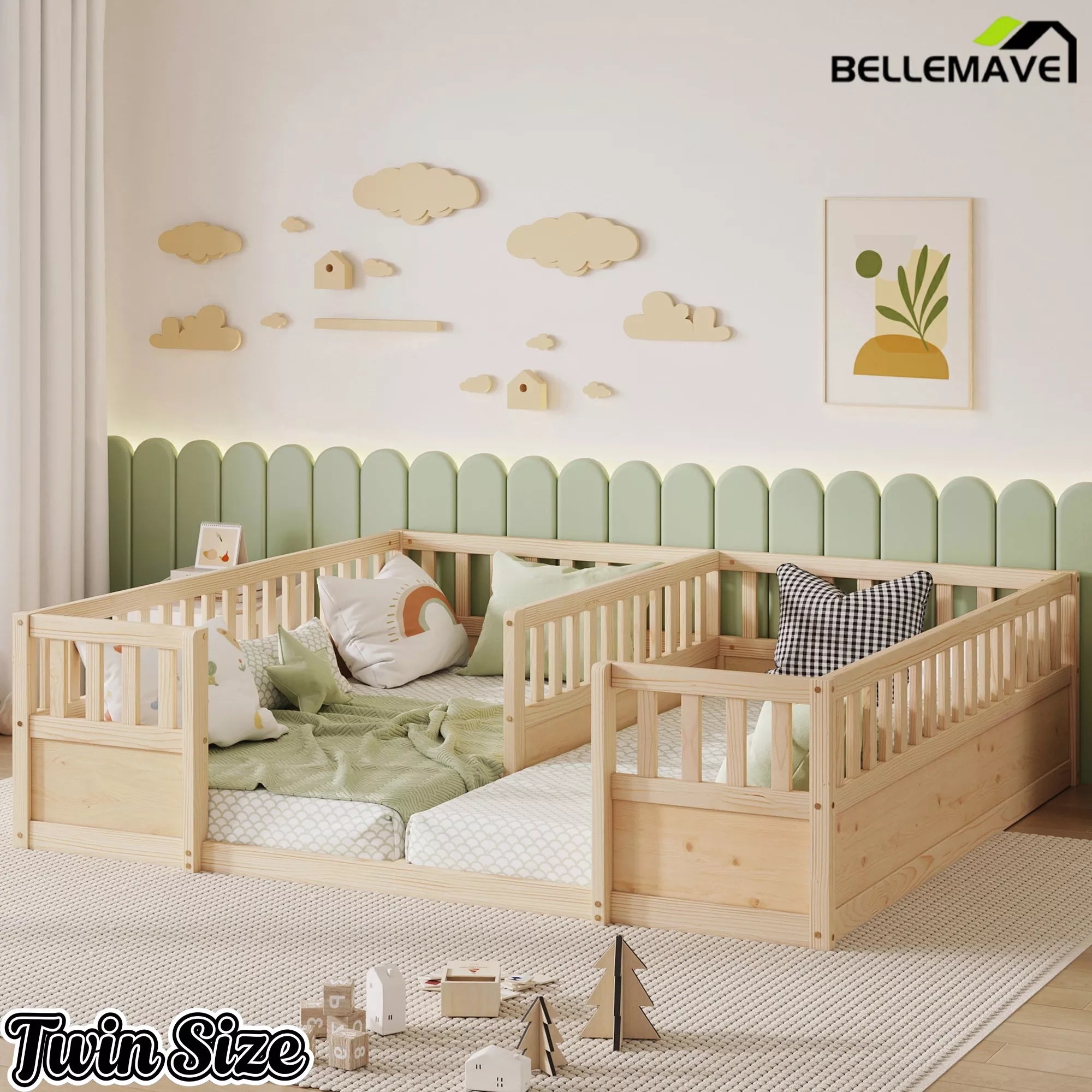 Twin floor bed frame for siblings with low profile design