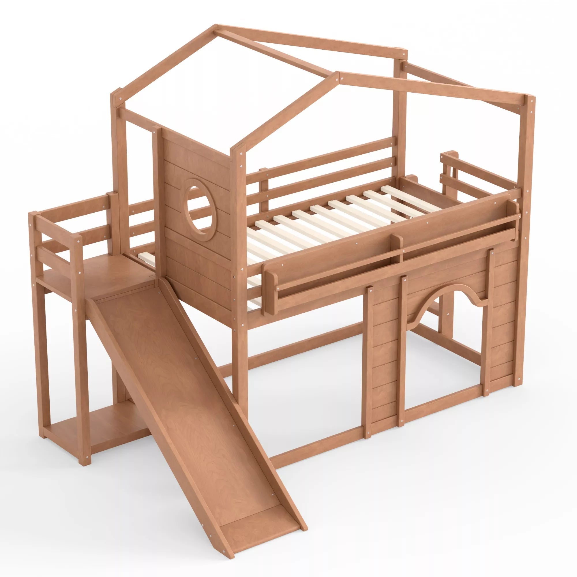 Bellemave® House Loft Bed with Slide, Bookshelves & Built-in Wardrobe | Natural Wood Playhouse Bunk Bed for Kids Bellemave®