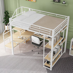 Bellemave® Full Size Metal Loft Bed with Storage Staircase and Small Wardrobe, Built-in Desk and Storage Shelves