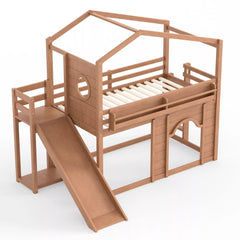 Bellemave® House Loft Bed with Slide, Bookshelves & Built-in Wardrobe | Natural Wood Playhouse Bunk Bed for Kids Bellemave®
