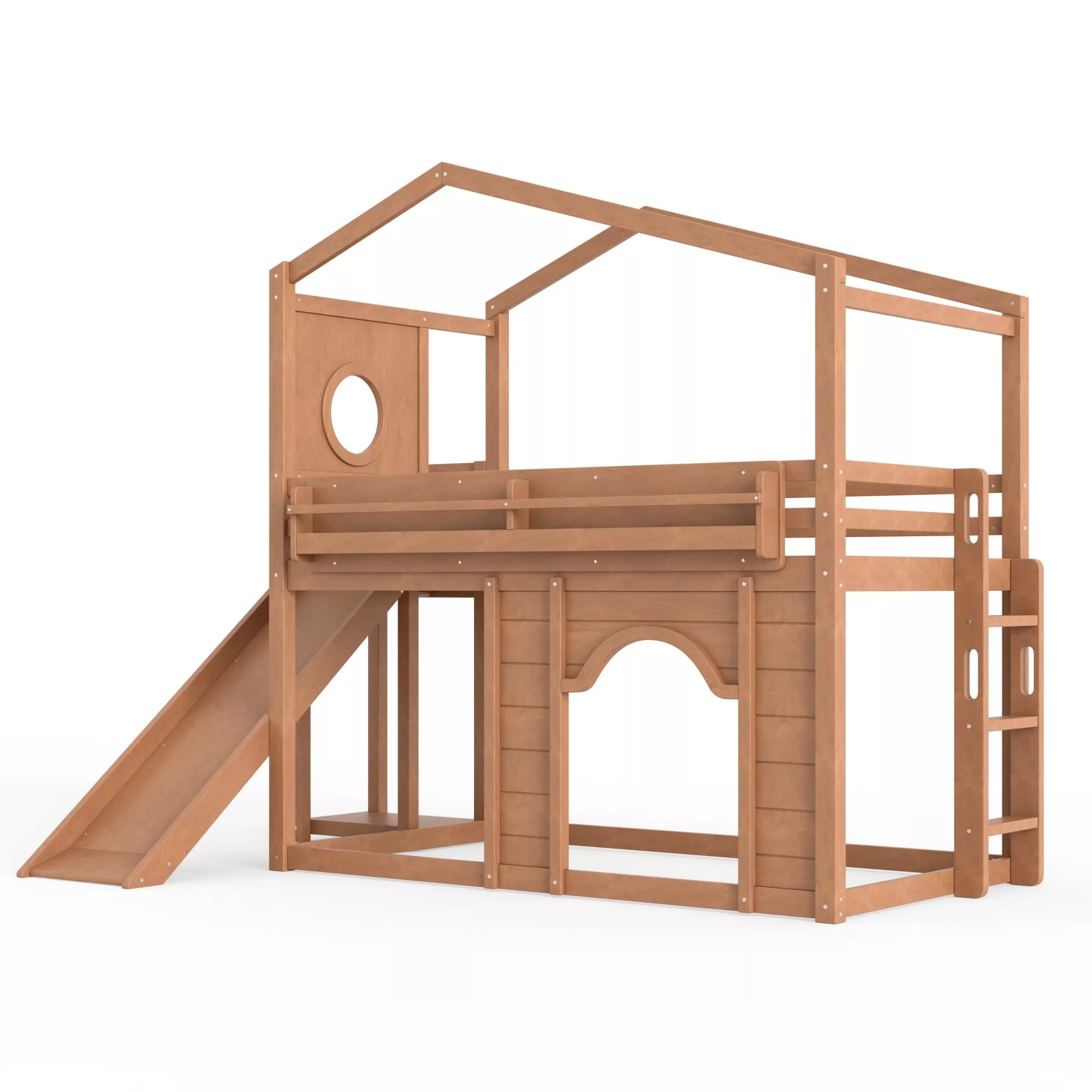 Bellemave® House Loft Bed with Slide, Bookshelves & Built-in Wardrobe | Natural Wood Playhouse Bunk Bed for Kids Bellemave®