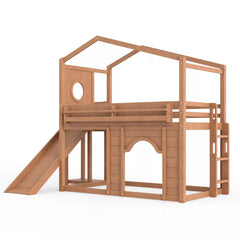 Bellemave® House Loft Bed with Slide, Bookshelves & Built-in Wardrobe | Natural Wood Playhouse Bunk Bed for Kids Bellemave®