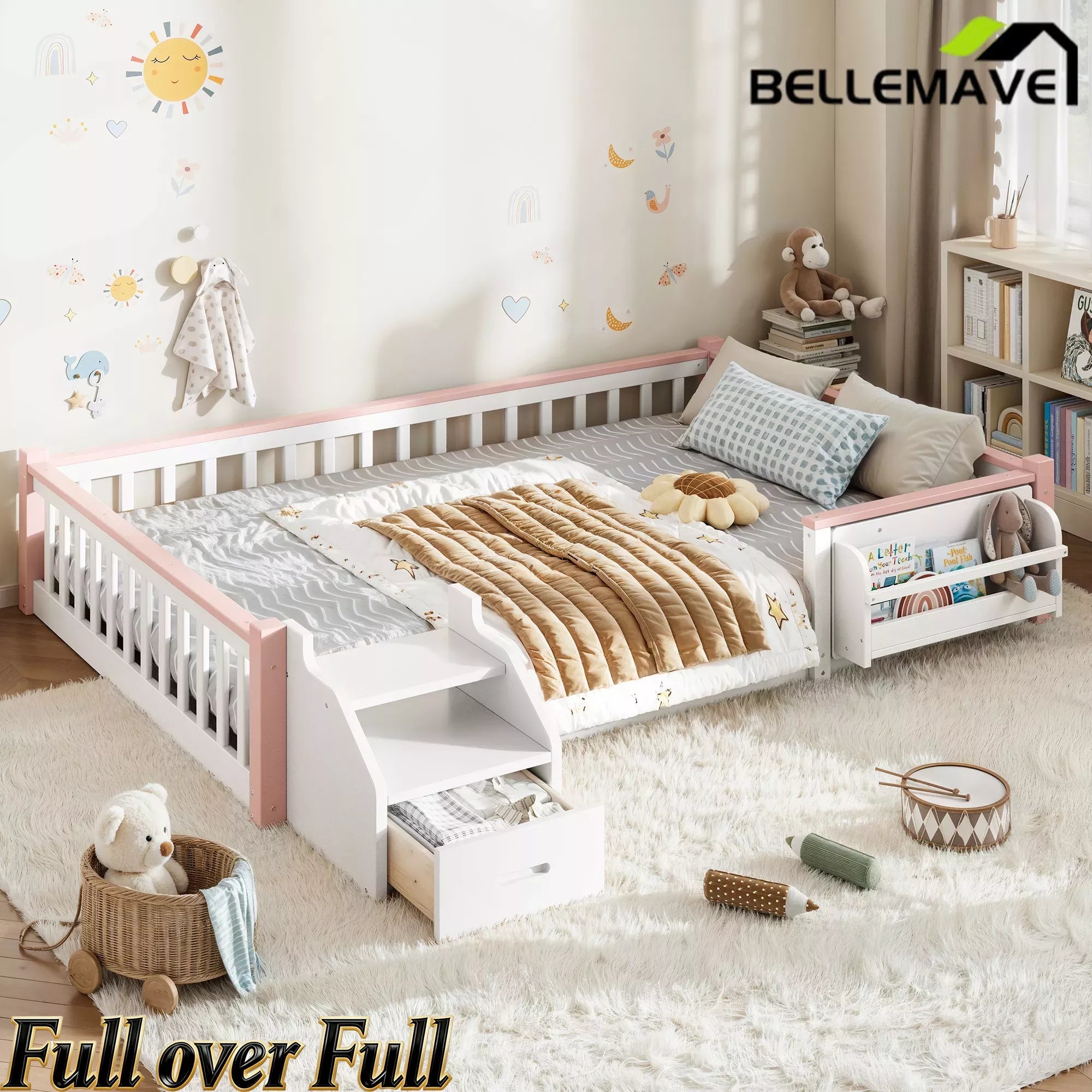 Bellemave® Full Over Full Wooden House Shaped Bunk Bed with Roof, Bookshelves and Storage Drawer — Converts Into Two Full Beds Bellemave®
