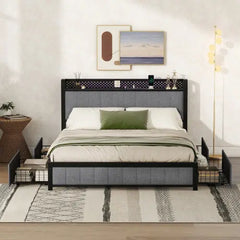 Bellemave® Queen Size Upholstered Platform Bed with LED Headboard,4 Storage Drawers and USB Ports Bellemave®