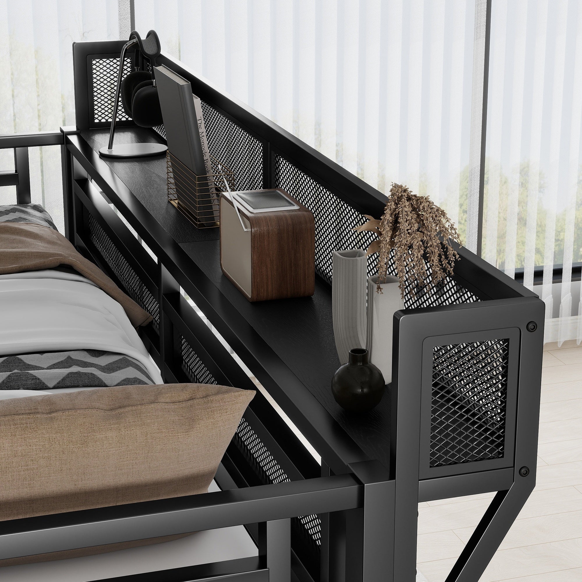 Bellemave® Queen Size Loft Bed with Stairs and Storage, Metal Loft Bed Frame with Bedside Shelf & Large Under-Bed Space, Heavy-Duty Beds for Adults Teens and Kids, Black Bellemave®