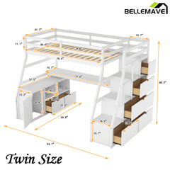 Bellemave® Loft Bed with 7 Drawers 2 Shelves and Desk