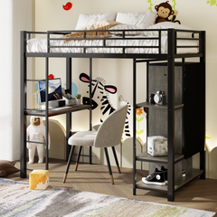 Bellemave® Twin Size Metal Loft Bed with Built-in Wardrobe, Desk and Shelves