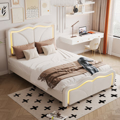 Bellemave® Upholstered Platform Bed with Curve Shape and Height-adjustable Headboard,LED Light Strips