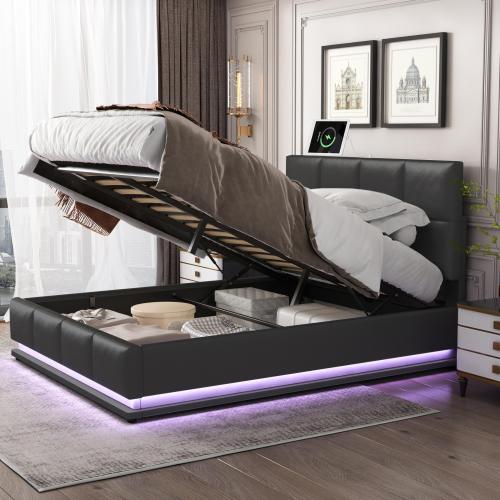 Bellemave Tufted Upholstered Platform Bed with Hydraulic Storage System,PU Storage Bed with LED Lights and USB charger