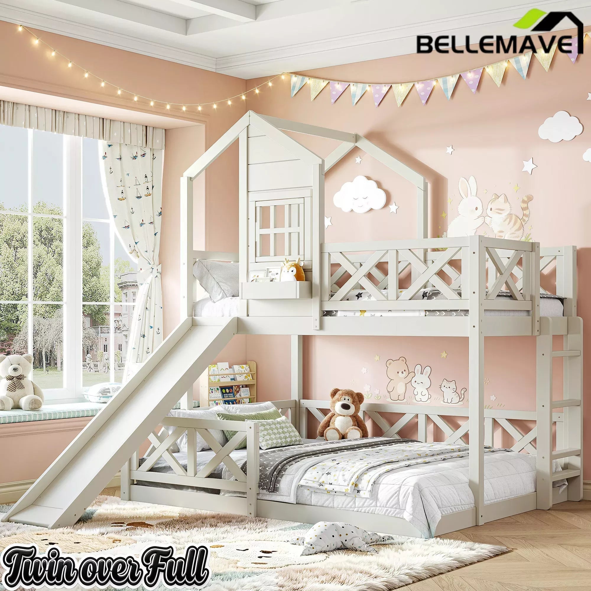 Bellemave® Bunk Bed Twin Over Full with Rail & Slide, House Bed for Kids, Floor Bunk bed with Fence Bellemave®