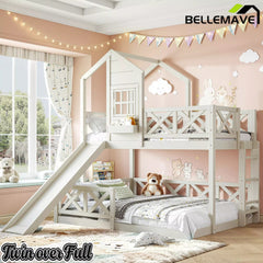 Bellemave® Bunk Bed Twin Over Full with Rail & Slide, House Bed for Kids, Floor Bunk bed with Fence Bellemave®