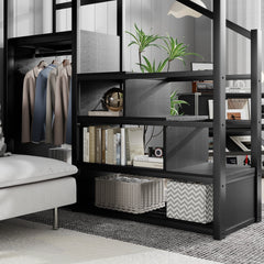 Bellemave® Queen Size Loft Bed with Stairs and Storage, Metal Loft Bed Frame with Bedside Shelf & Large Under-Bed Space, Heavy-Duty Beds for Adults Teens and Kids, Black Bellemave®