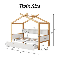 Bellemave® Wooden House Bed Original Wood Color Frame with Two Drawers and Bookshelf Storage Space