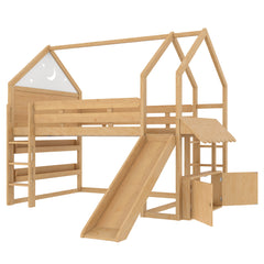 Bellemave® Bunk beds Full Over Full with Slide and Stair and Bookshelf Playful Design, Low bunk/loft Bed for Kids, Natural
