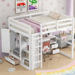 Bellemave® Full Size Loft Bed with Built-in Wardrobe, Desk, Storage Shelves and Drawers